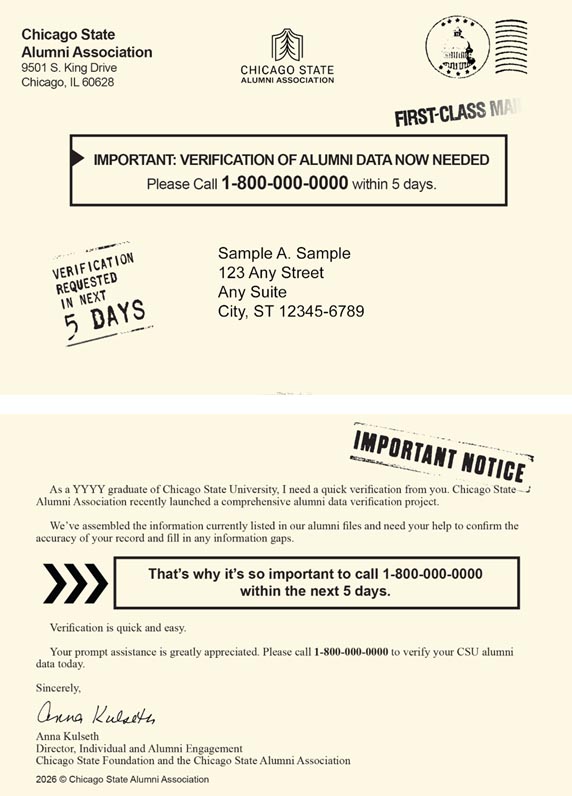 Sample image of a two-sided Chicago State Alumni Association direct mail postcard. The top portion shows the address side with a prompt reading 'Important: Verification of alumni data now needed. Please call 1-800-000-0000 within 5 days.' The bottom portion features a letter signed by Anna Kulseth, Director of Individual and Alumni Engagement, requesting the recipient call to verify their alumni record.