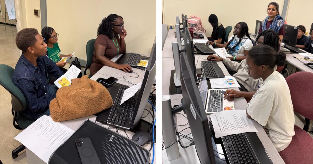 Two side by side photos of students working in a computer lab. In the first, three students sit at a long desk while looking at one student's monitor. In the second photo, four students sit side-by-side, each in front of a computer with worksheets.