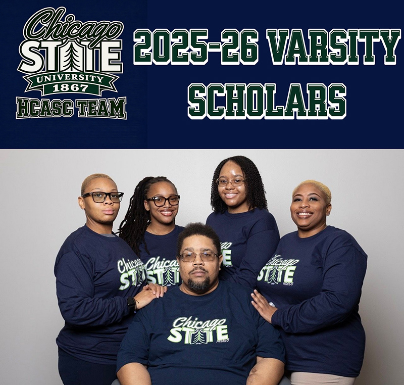 Group photo of five Chicago State University students wearing matching navy blue CSU long-sleeve shirts under the title "2025-26 Varsity Scholars."