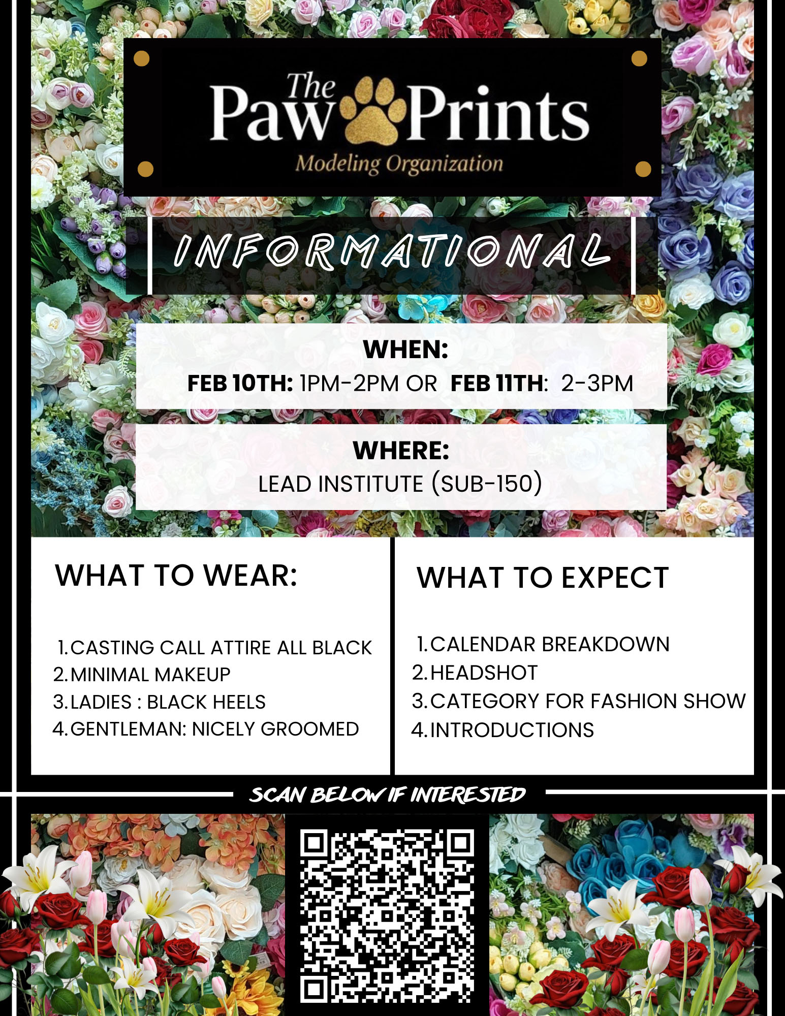 Flyer for The Paw Prints Modeling Organization informational meeting features a bright floral background with details in white and black text on black and white squares in the foreground. 
