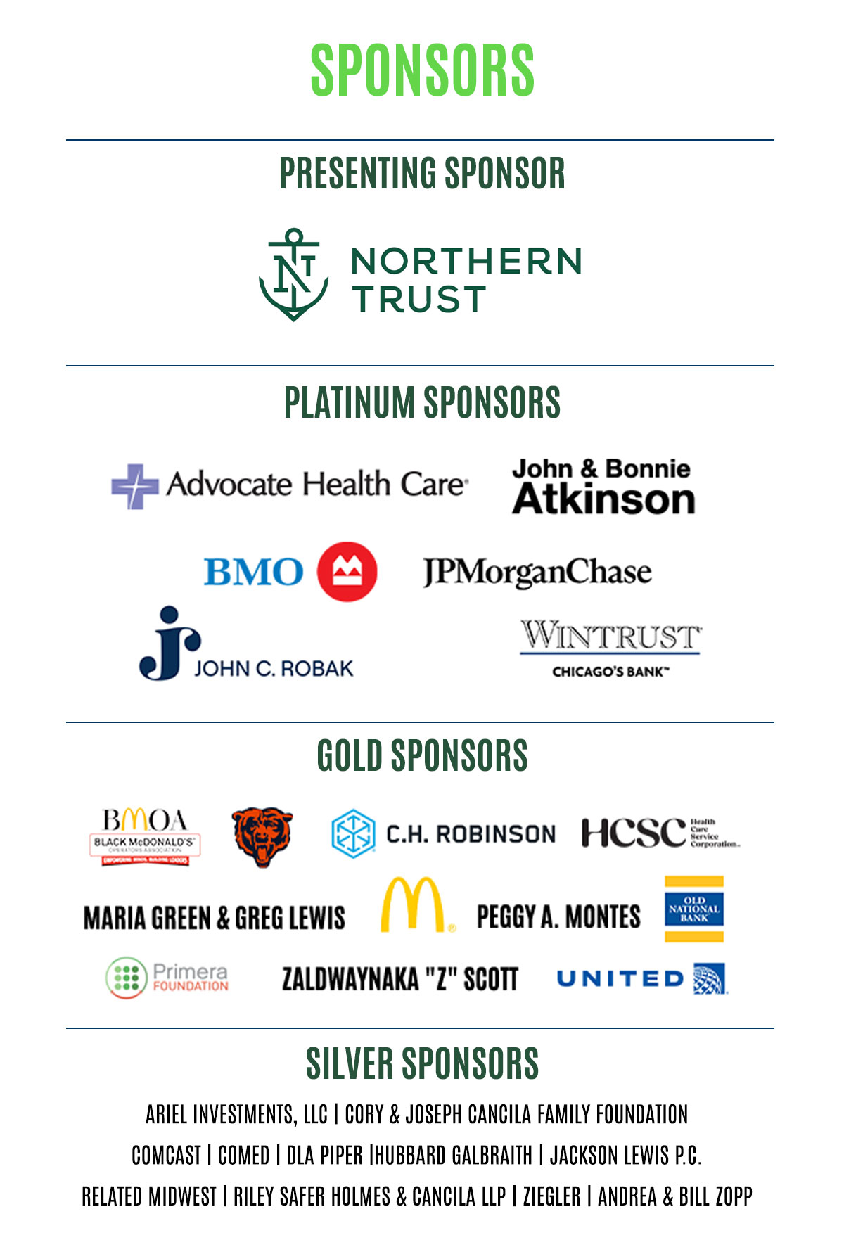 Image depicting sponsors of the 2026 1stGEN Scholarship Gala. The presenting sponsor is Northern Trust. Platinum sponsors are BMO, JP Morgan Chase, Wintrust, Advocate Health Care, John and Bonnie Atkinson, and John C. Robak. Gold sponsors are Health Care Service Corporation, Peggy A. Montes, Primera Foundation, United, Black McDonald's Operators Association, Old National Bank, and Zaldwaynaka "Z" Scott. Silver sponsors are ComEd, Riley, Safer, Holmes & Cancila LLP, Comcast, DLA Piper, Hubbard Galbraith, and Andea and Bill Zopp.