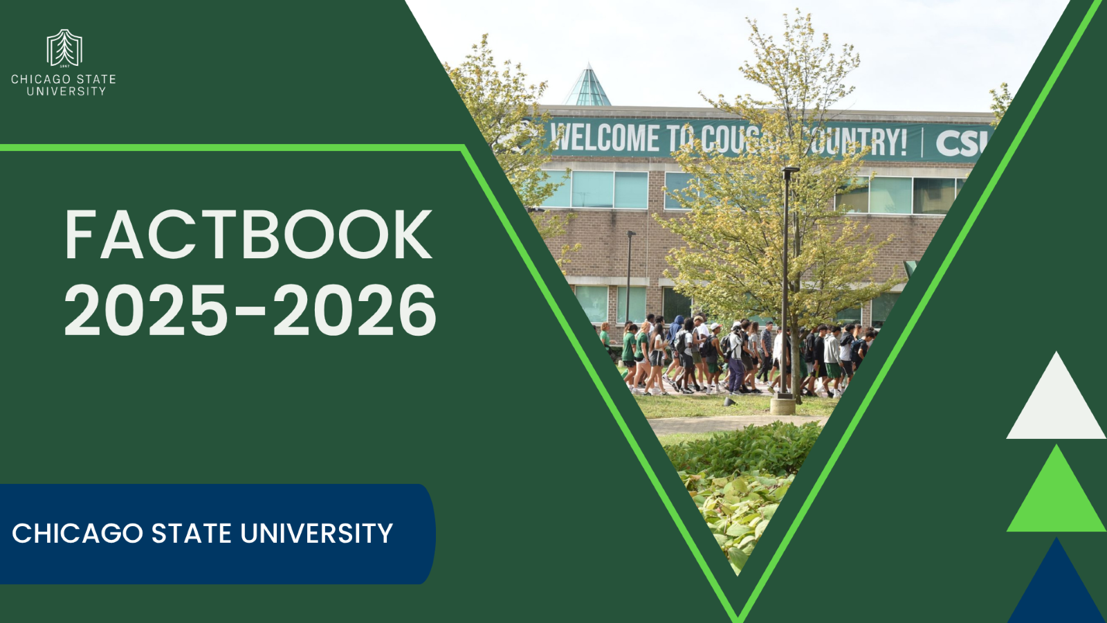 Cover of the 2025-2025 Chicago State University Factbook. The cover features a green background with geometric designs and a campus photo with a banner that reads "Welcome to Cougar Country!"