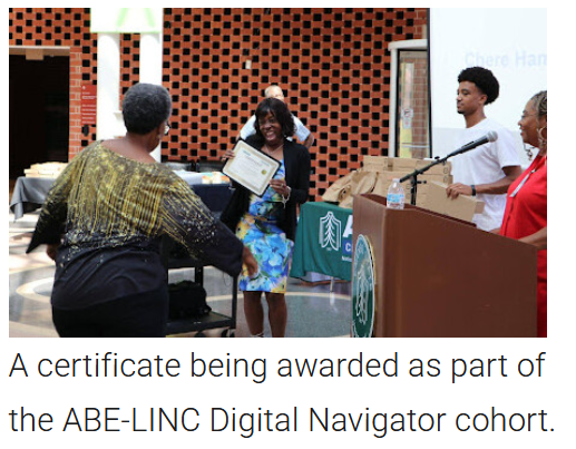 A certificate being awarded as part of the ABE-LINC Digital Navigator cohort