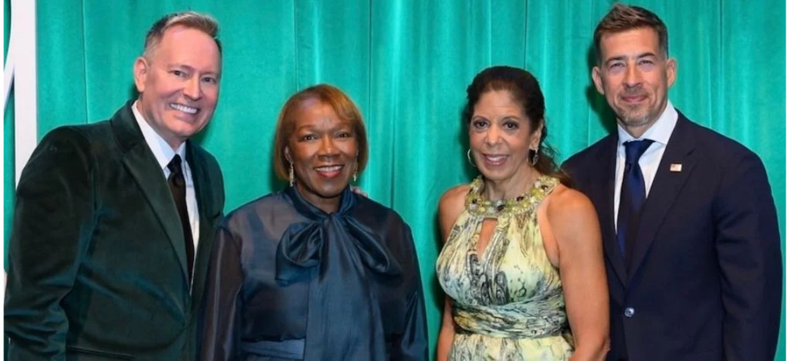 Outgoing board Chair and CSU Trustee John C. Robak, CSU President Zaldwaynaka "Z" Scott, Board of Trustees Chair Andrea Zopp and Illinois Secretary of State Alexi Giannoulias