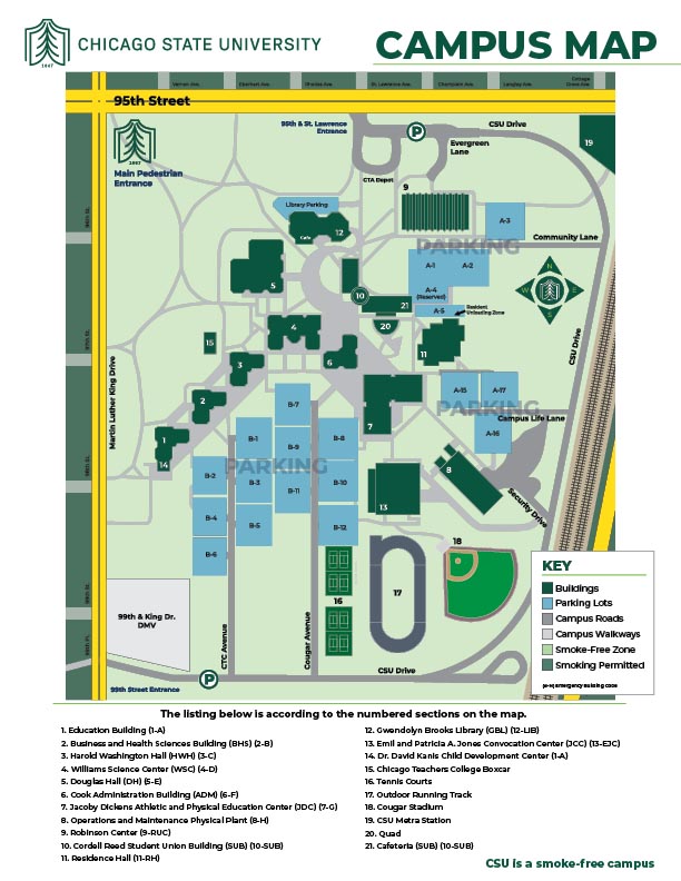 A color-coded map of Chicago State University's campus that designates the entire campus as a 'Smoke-Free Zone.